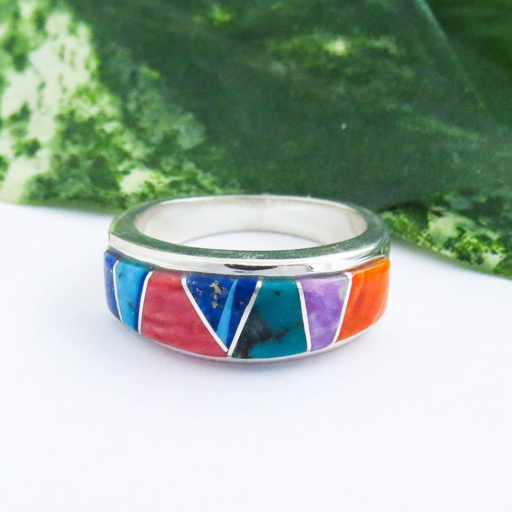 Turquoise Multi Stone Channel Inlay Sterling Silver Ring Band Size 9 1/4